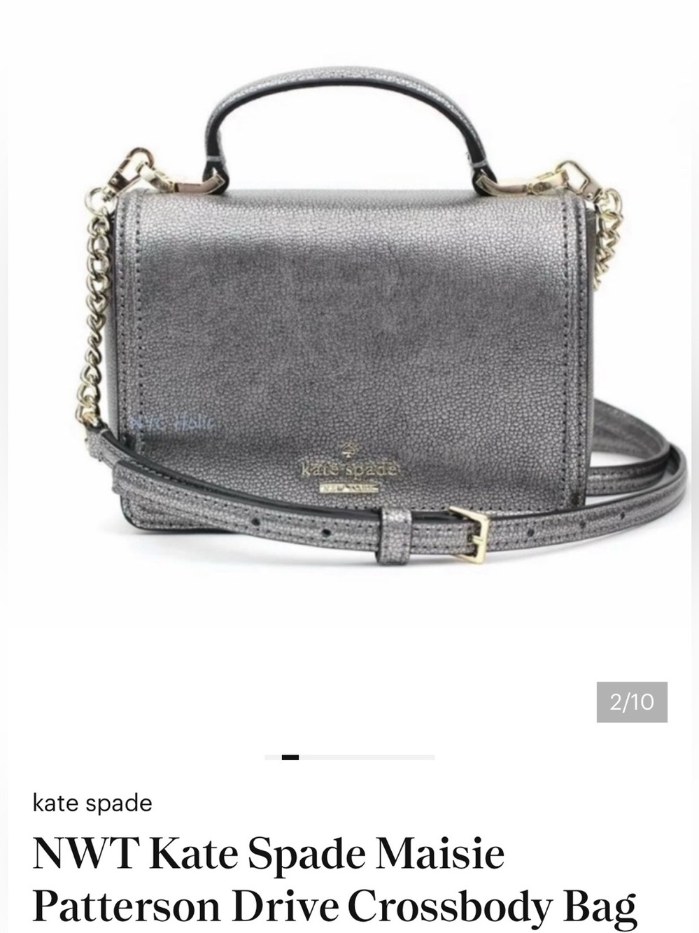 Kate Spade Maisie Metallic Pewter Pebbled Leather Crossbody with Top Handle